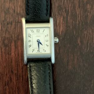 coach black leather band square watch blue hands